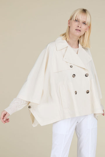 Elegant double-breasted  cape trenchcoat in stretch cotton gabardine  
