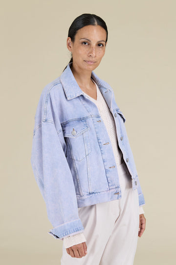 Oversize trucker jacket in overdyed bleach washed denim  