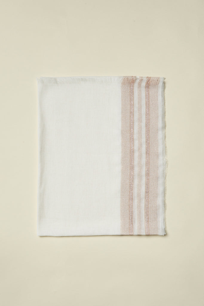 Elegant pure linen scarf wtih coloured cotton and lurex stripes on the ends Frangipani T.U