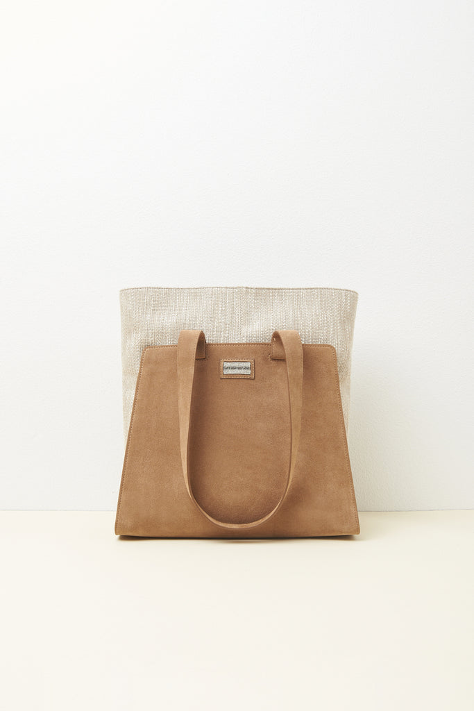 Precious shopper bag in suede and shimmering woven fabric  