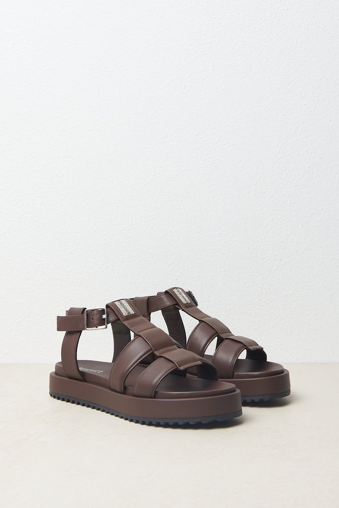 Soft padded leather gladiator sandal with Punto Luce diamond cut chain embroidery  