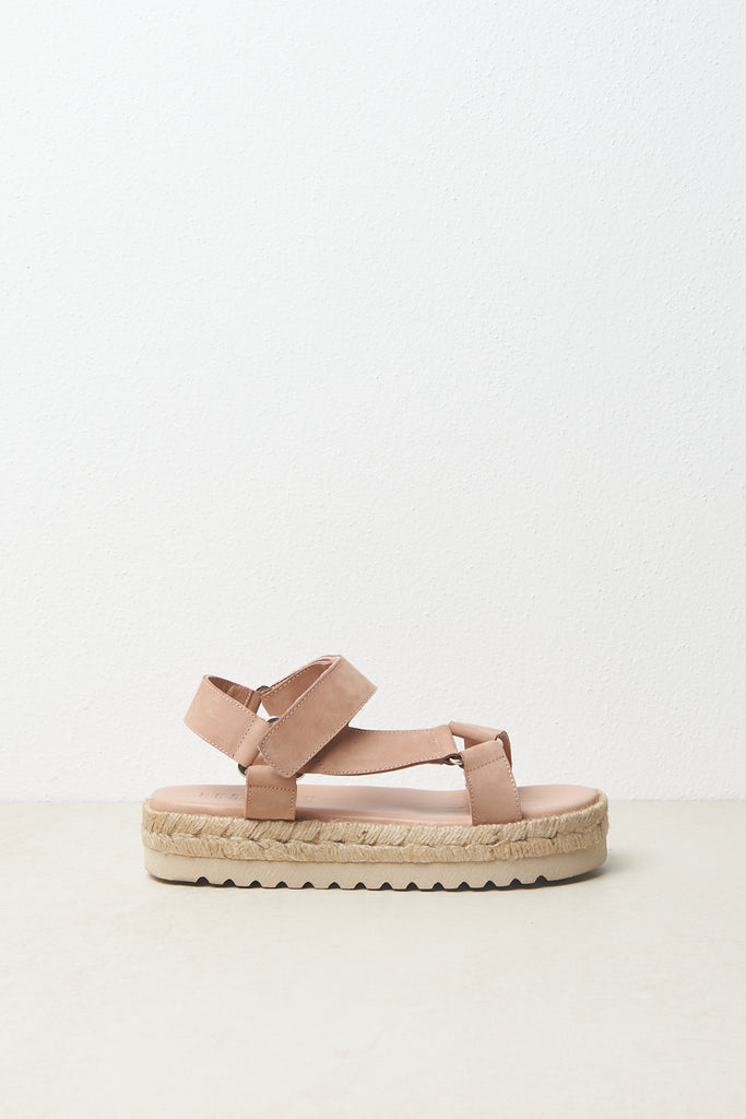 Sandal in soft nabuk leather with braided jute sole  