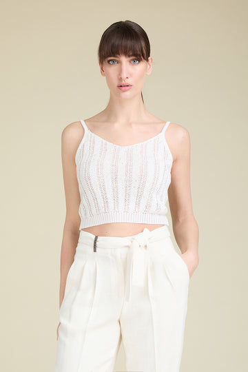 Pure cotton yarn openwork rib stitch crop top with slim shoulder straps embellished with delicate sequins  