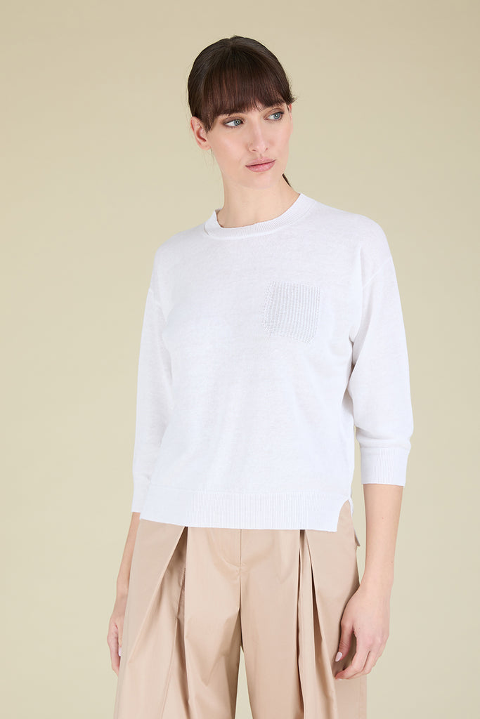 Relaxed plain knit sweater in cool linen cotton crŠpe yarn with diamond cut chain trim on pocket  