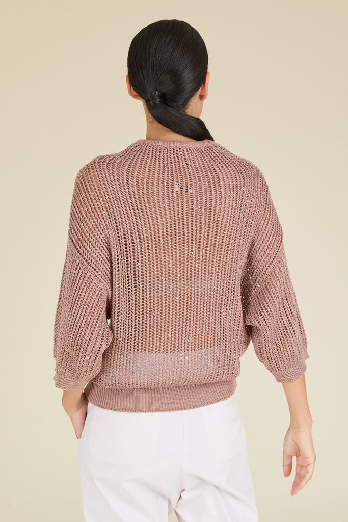 Sparkling mesh sweater with drawstring neck in pure cotton yarn illuminated with delicate sequins  