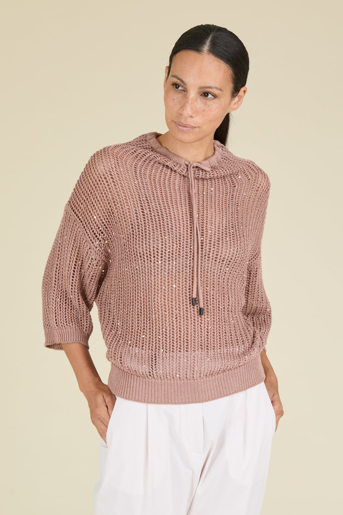 Sparkling mesh sweater with drawstring neck in pure cotton yarn illuminated with delicate sequins  