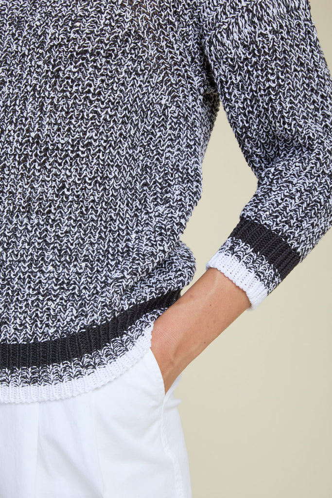Casual fisherman's rib knit sweater with striped hems in pure moulin‚ cotton with sparkling sequins  