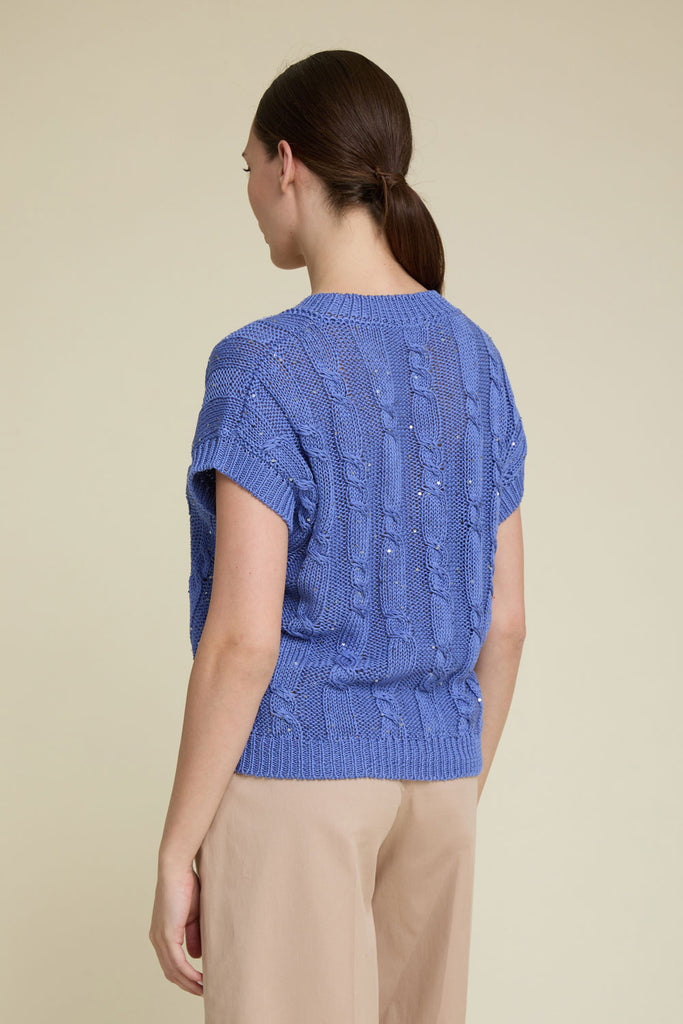 Cable-knit gilet in pure cotton yarn illuminated by delicate sequins  