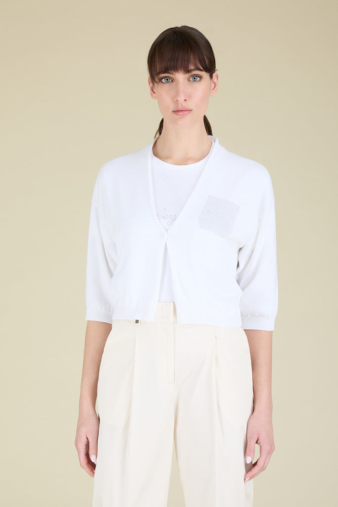Cropped plain knit cardigan in pure Egyptian cotton with diamond cut chain trim on pocket  