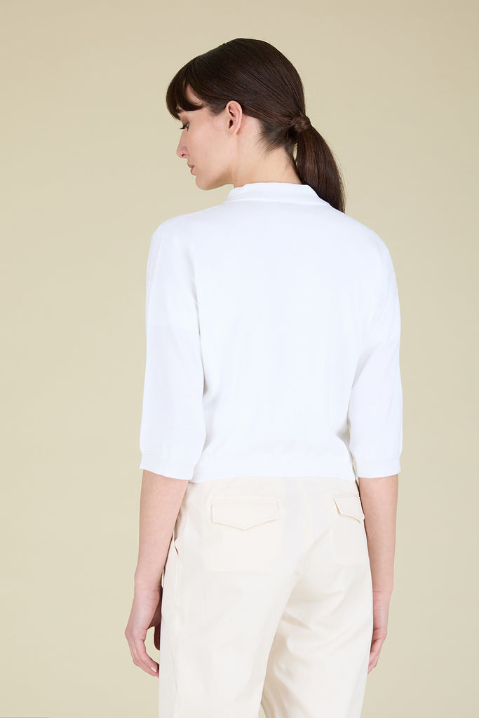 Cropped plain knit cardigan in pure Egyptian cotton with diamond cut chain trim on pocket  