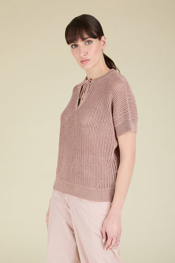 Sparkling mesh top with drawstring neck in pure cotton yarn illuminated with delicate sequins  