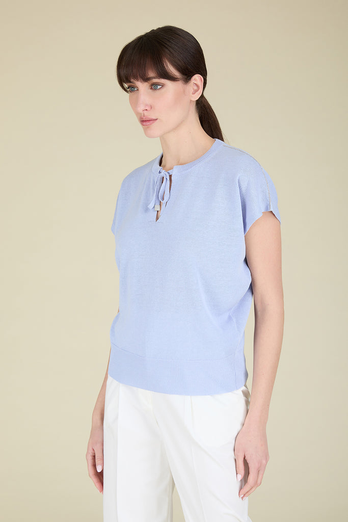 Light plain knit t-shirt with drawstring neck in cool linen cotton crŠpe yarn with diamond cut chain trim on shoulders  