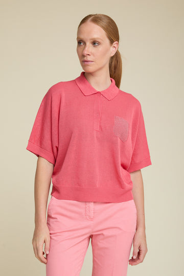 Short sleeve polo shirt in cool linen cotton crŠpe yarn with diamond cut chain trim on pocket  