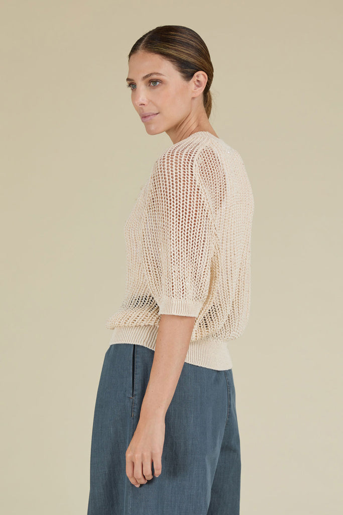 Ribbed mesh sweater in pure cotton yarn illuminated by delicate sequins  